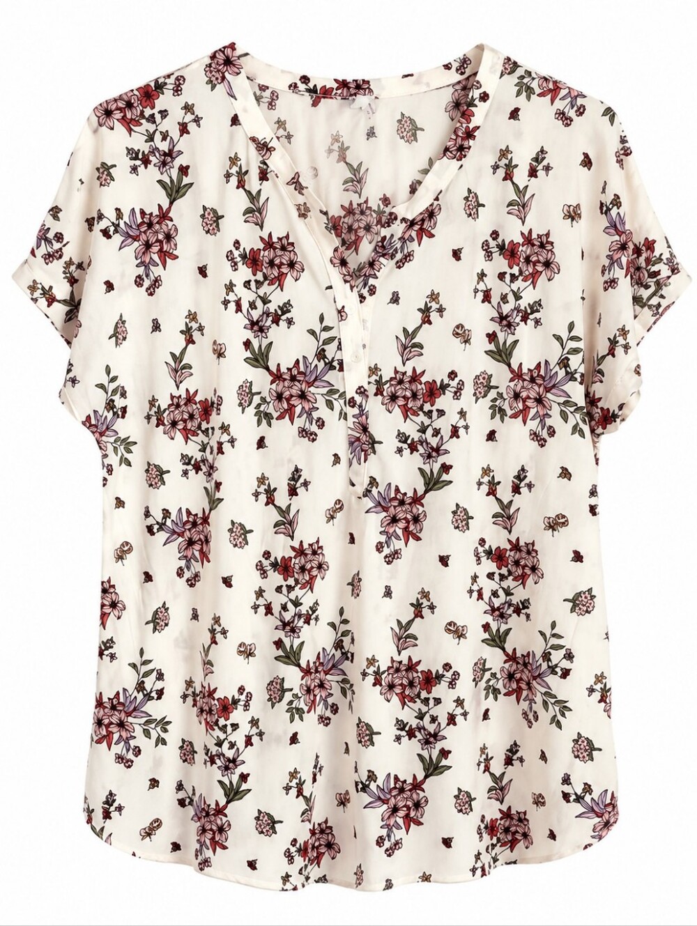 Women's Cream Floral V-Neck Short Sleeve Blouse Sz LG